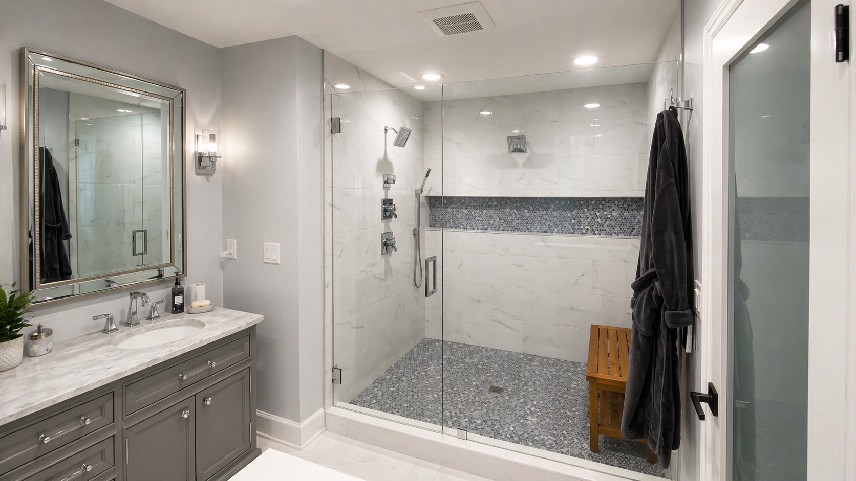 Bathroom remodel with glass shower and tile walls