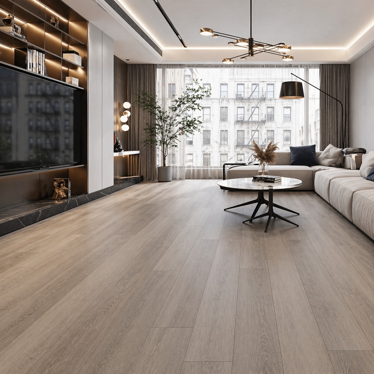 Modern luxury vinyl plank flooring in a living room